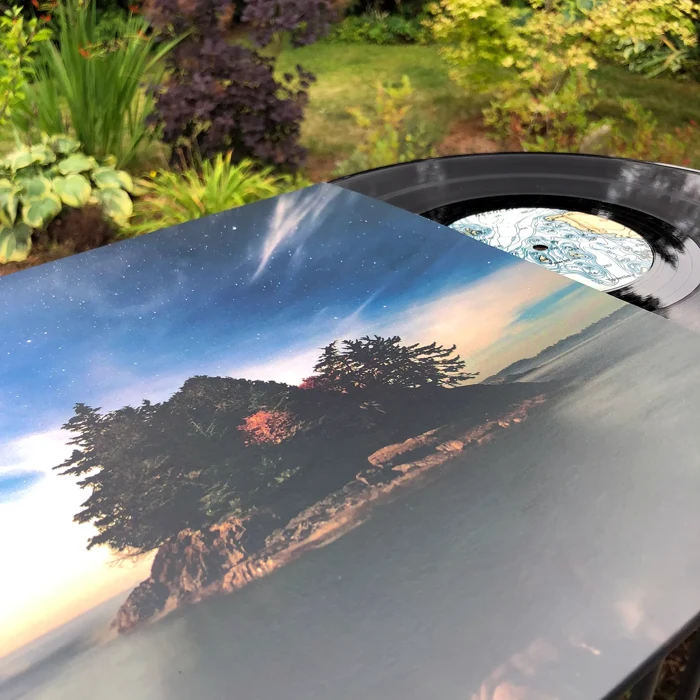Silent Season landscape sleeve and black vinyl in a garden